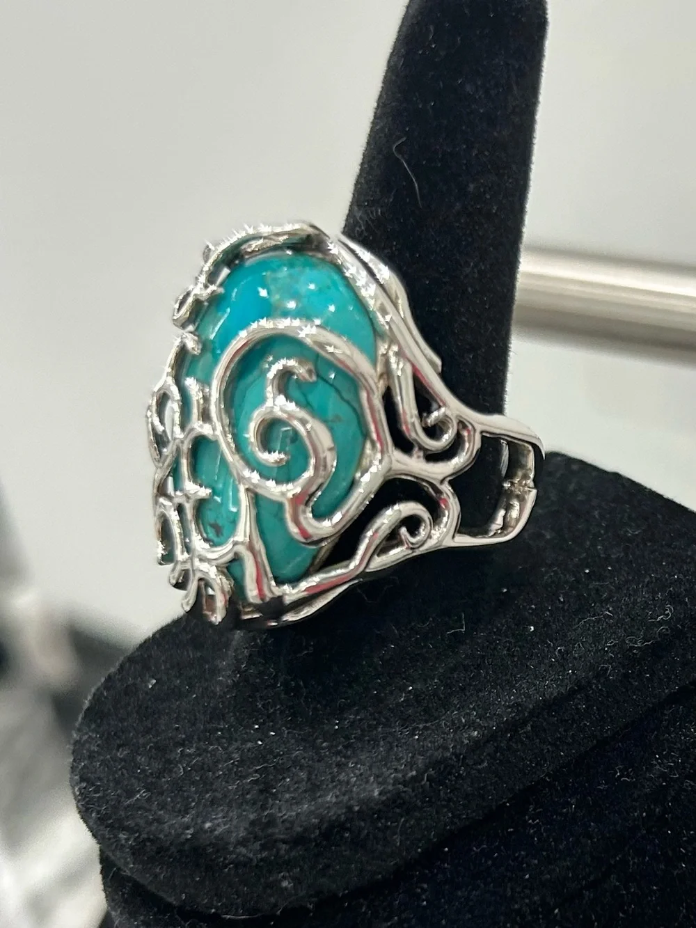 Barse Woman’s Turquoise Statement Ring with Sterling Silver Filigree